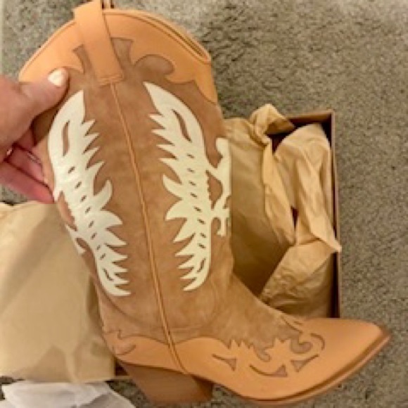 Miu Miu Shoes - Tan and White Western Cowboy Boots